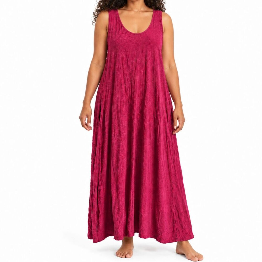 Natural Life Burgundy 100% Cotton Boho Lagenlook Maxi Dress Pockets Size L/XL